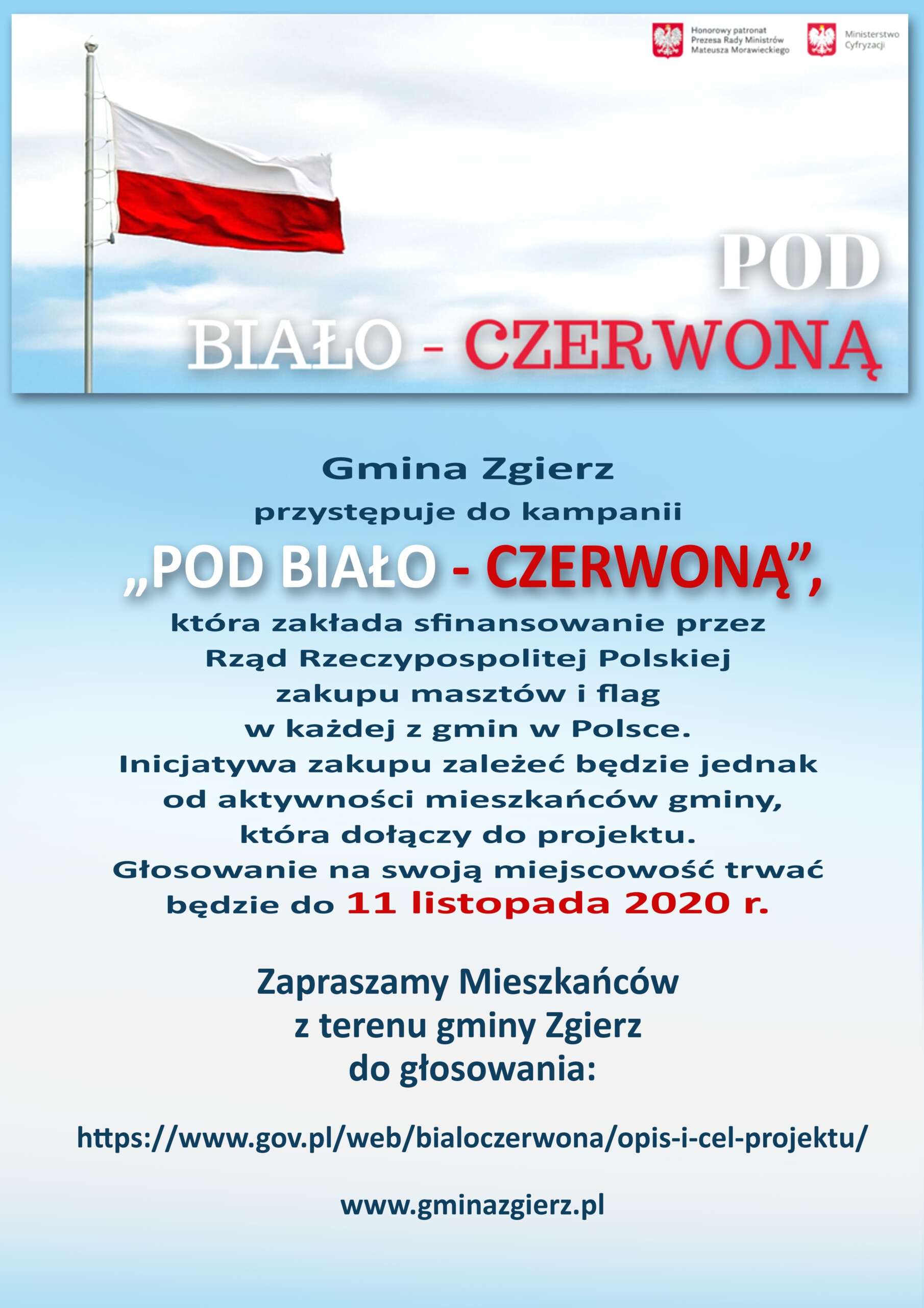 Grafika informująca mieszkańców gminy Zgierz o rządowym projekcie "Pod biało-czerwoną" i sposobie głosowania na maszt z flagą